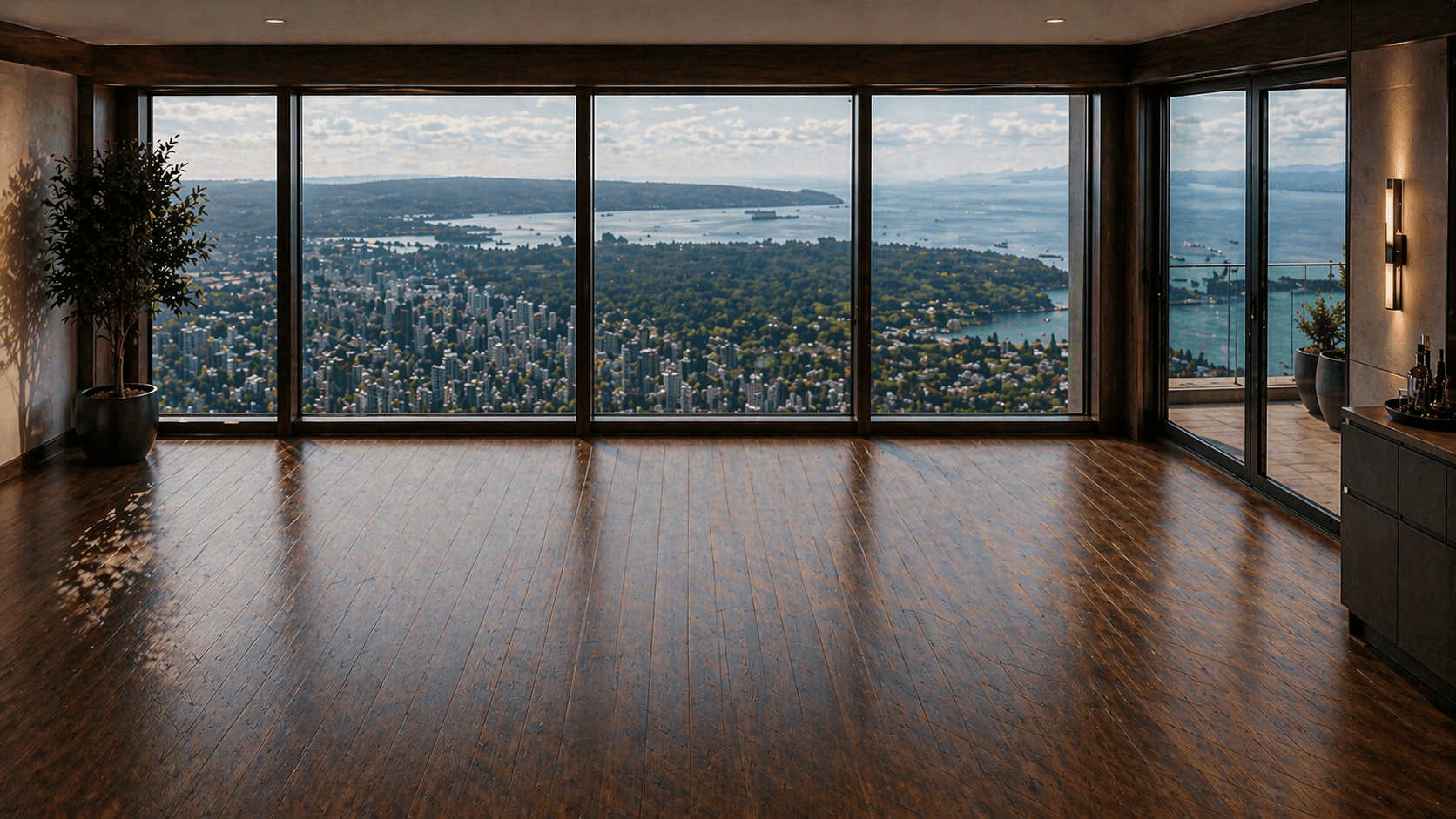 Bright modern billiards room with large windows and forest view